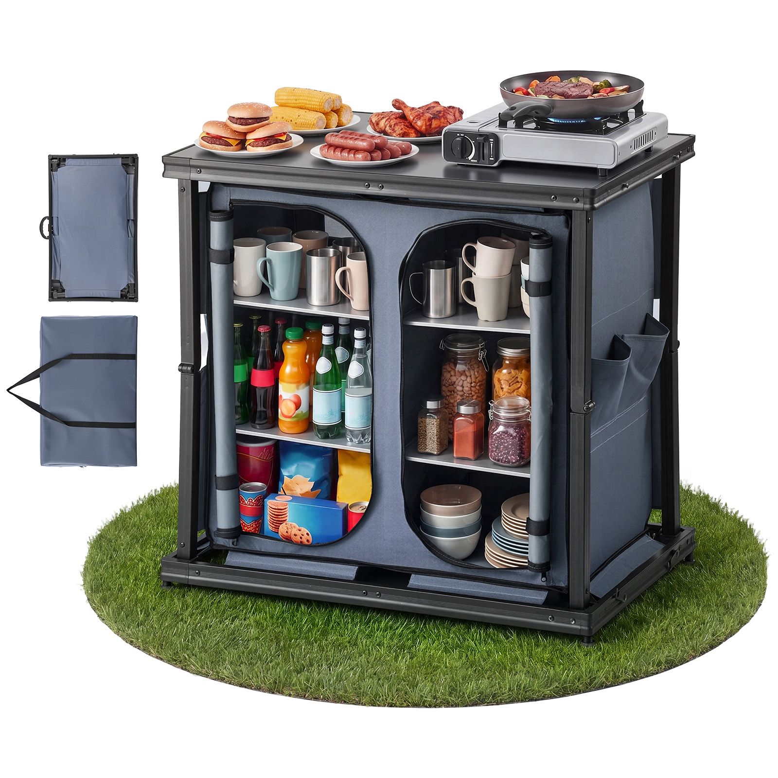 Camping Cooking Table With Storage - Folding Camping Storage Cabinet, Outdoor Portable