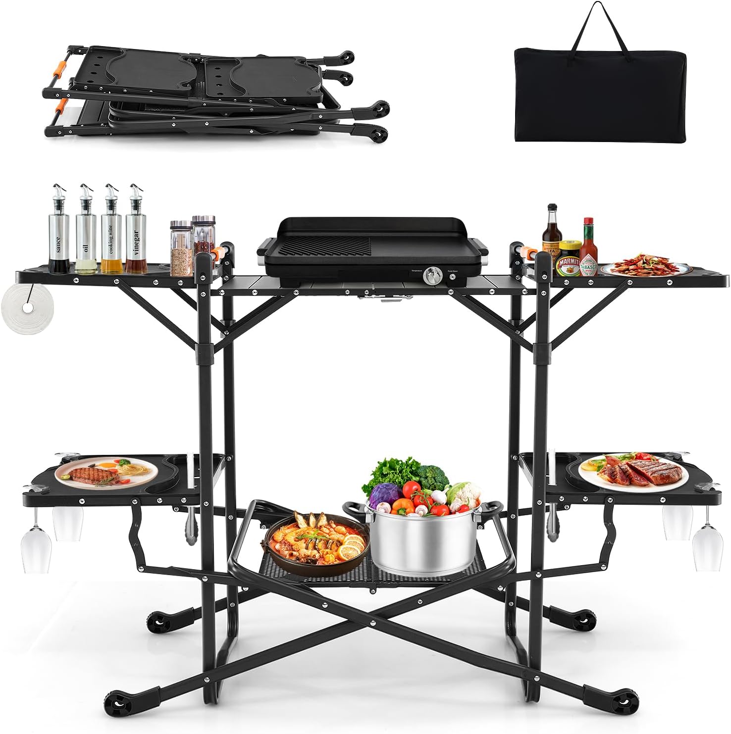Camping Cooking Table With Storage - Portable Outdoor Folding Cooking Table with
