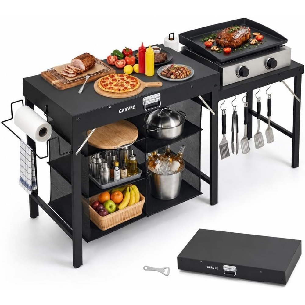 Camping Cooking Table With Storage - Foldable Metal Grill Table with Side